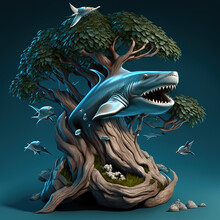 Shark With Tree Underwater