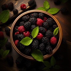 Wall Mural - Boysenberry banner. Bowl full of boysenberries. Close-up food photography background