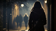 Silhouette Of A Young Woman Walking Home Alone At Night , Scared Of Stalker And Being Assault , Insecurity Concept