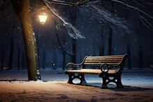 Bench In The Park On A Winter Night