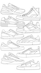 Set of shoes sneaker outline drawing vector, Sneakers drawn in a sketch style, bundling sneakers trainers template outline, vector Illustration.