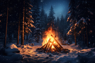 Wall Mural - Bonfire in the winter forest at night