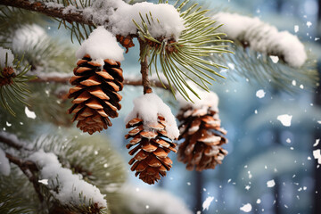 Poster - Snow-covered pine Cones Hanging from a Tree Branch