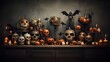 Gruseliges Halloween Stillleben mit Kürbissen, Totenköpfen, Skelett, Knochen, Fledermäusen und Kerzen auf einer Kommode.