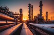 © aboutmomentsimages - Oil refinery plant at dusk, view of oil and gas petrochemical industrial. Network of steel pipelines at Refinery factory
