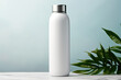 A white water bottle sitting on top of a table. Digital art. Body product mockup.