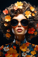 Sticker - Woman with sunglasses and flowers in her hair is shown.