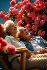 Wall Mural - Man and woman sitting in chair next to each other.