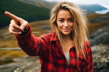 Wall Mural - Woman pointing at the camera with mountain in the background.