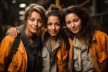 Wall Mural - Three women are posing for picture together in building.