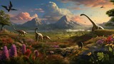 Fototapeta Natura - Prehistoric landscape of dinosaurs roaming the earth in an ancient valley