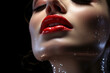 wide angle dark photography of a young woman,  mouth half open, open eyes, face of ecstasy taken from above with strong fashion, makeup, glossy red lipstick