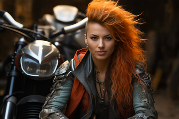 Poster - Woman with red hair sitting on motorcycle with leather jacket.