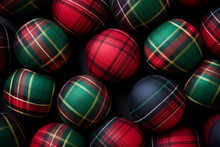 Christmas Balls Tartan Plaid Design. Seasonal Background With Decor In Green And Red Colors. Generative AI