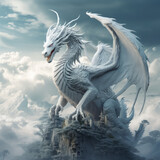 Fototapeta Pokój dzieciecy - White color dragon on high above the sky with cloud.