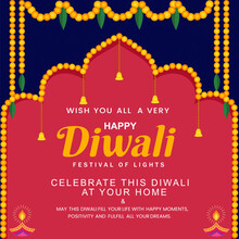 Happy Diwali Festival Of Lights Wishes Template Design With Decorative Diya Lamp Floral Garland Vector Illustration.