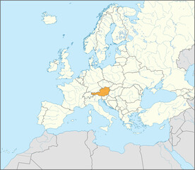  Gray CMYK national map of AUSTRIA inside detailed white blank political map of European continent on blue background using Mollweide projection