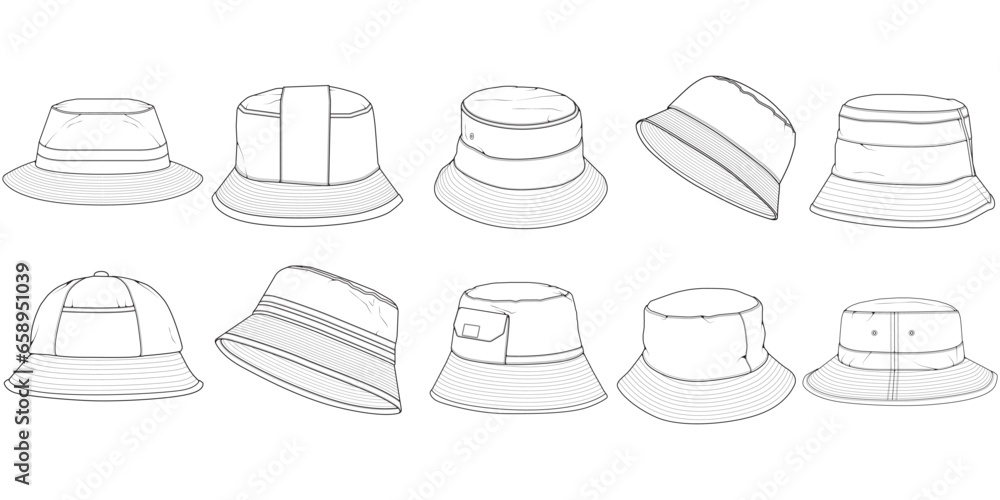 set of bucket hat outline drawing vector, bucket hat in a sketch style ...