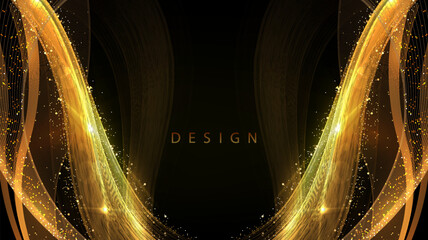 Wall Mural - Golden wavy shapes with sparkles and tinsel,abstract frame on a black background