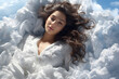 Beautiful young woman sleeping while lying in bed of clouds comfortably