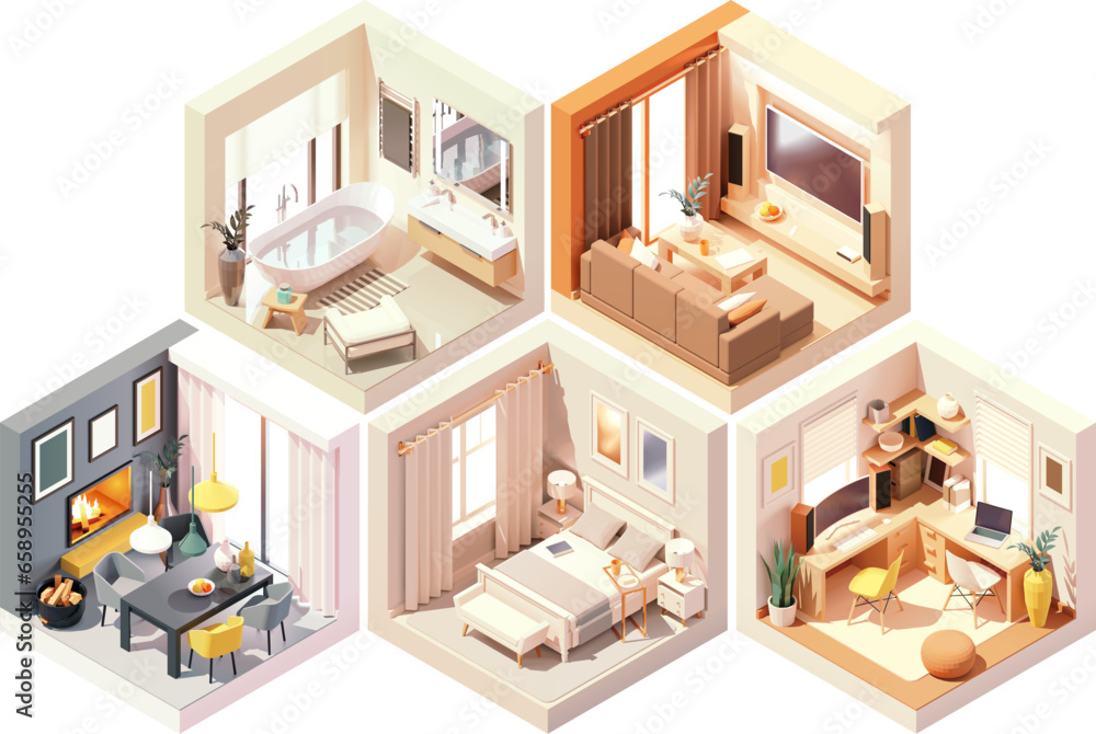 Vector isometric home rooms set. Rooms cross-sections. Bedroom, living ...