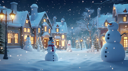 Canvas Print - Snowman in village at christmas night. 3D illustration. Winter background. Merry Christmas and New Year concept.