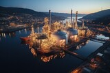 Fototapeta  - Close up details of industrial oil refinery plant. Dusk view of petroleum manufacturing facility