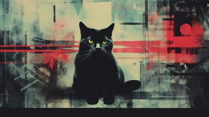 Canvas Print - A painting of a black cat with yellow eyes