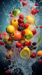  Various fruits in the water in the black background