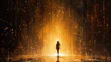 The Silhouette Of A Girl In The Golden Rain. Golden Rain, Beautiful Golden Dew