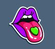 Lips with tongue. Open female mouth, red lips and tongue hanging out with a pill on it. Acid drug lying in oral cavity close up view. Love addiction heart pill. Vector illustration.
