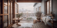 Cozy City Terrace With Table In Winter