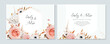 Elegant wedding vector invite. Golden, floral geometrical frame. Peach pink, white rose, anemone flowers, fall leaves, orange fern bouquet wreath. Editable watercolor autumn color card template design