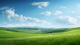 Fototapeta Przestrzenne - Green meadow on a hilly landscape. (Wide photo)