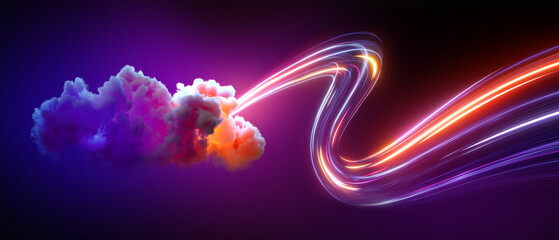 Wall Mural - 3d render. Abstract background of illuminated cloud and glowing neon lines. Fantastic wallpaper