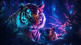 Fototapeta Dziecięca - Tiger caressing its calf neon glowing illustration picture Ai generated art