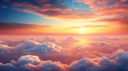 Wall Mural - Beautiful sunset sky above clouds with breathtaking light. Generative AI image