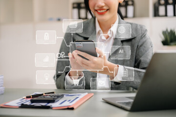 Wall Mural - coding software developer work with augmented reality dashboard computer icons with responsive cyber