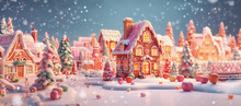  Christmas Gingerbread City Or Town. Colorful Christmas Gingerbread House Panorama - Concept