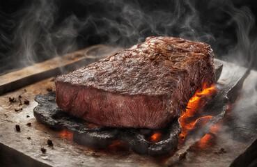 Wall Mural - Grilled steak with smoke on a dark background. Generative AI