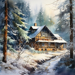 Poster - House in Forest Winter, Watercolor