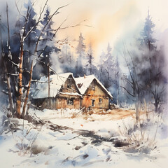 Poster - House in Forest Winter, Watercolor