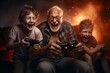 Joyful grandfather and kids play video game together. AI generated