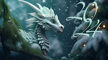 Beautiful Magical, Light Blue Dragon Symbol Of 2024 In A Snowy Fairy Forest With Golden Numbers 2024 And Copy Space. Gothic Style. 2024 Happy New Year Greeting Card Concept.