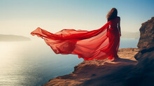 Woman In Red Dress Standing On A Cliff By The Sea. Sense Of Freedom. The Wind Blows In The Long Veil. Creativity Portrait Photography. Travel And Fashion Concept. AI Generative.