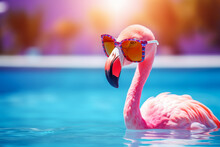 Pink Flamingo In Sunglasses In Tropical Paradise. Blurred Pool Background. Travel, Holiday And Relaxation Concept. AI Generative Illustration.