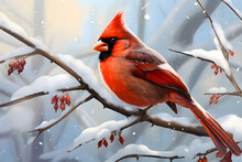 A Red Cardinal Perched On A Snowy Branch, Adding Color To The Winter Scenery