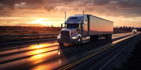 Wall Mural - Speeding through sunset. Freight truck on highway. Cargo in motion. Journey into sunset. Highway logistics. Fast and heavy freight transportation