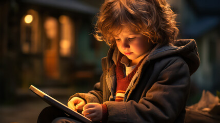 Close up from young boy looking at tablet with copy space and backlight