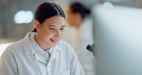 Computer, woman or scientist reading in laboratory for chemistry research report or scientific news. Face, information or science expert typing online for medicine development update or medical data